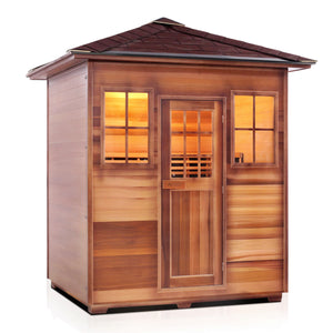 Enlighten Sauna InfraNature Original Infrared Outdoor Canadian red cedar inside and out 4 person sauna with peak roof isometric view