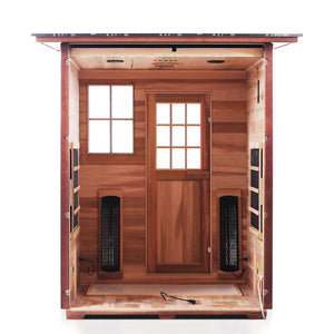 Enlighten Sauna InfraNature Original Infrared Outdoor Canadian red cedar inside and out 4 person sauna with slope partial build inside view