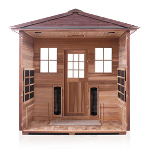 Enlighten Sauna InfraNature Original Infrared Outdoor Canadian red cedar inside and out 5 person sauna peak roofed partial build inside view