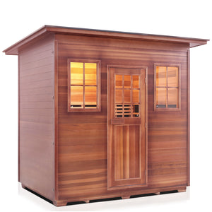 Enlighten Sauna InfraNature Original Infrared Outdoor Canadian red cedar inside and out 5 person sauna slope roofed isometric view