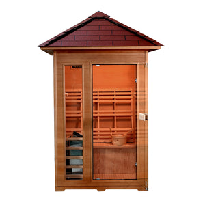 SunRay Bristow 2-person Outdoor Traditional Sauna with Window - Canadian hemlock wood - Peak roof- Glass door - with 4.5 kW Electric Heater, Cask & spoon, Front view - Lights on - HL200D2 Bristow