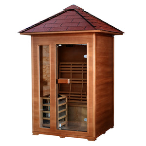 SunRay Bristow 2-person Outdoor Traditional Sauna with Window - Canadian hemlock wood - Peak roof- Glass door with 4.5 kW Electric Heater, Cask & spoon - Isometric view - Lights off - HL200D2 Bristow