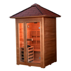 SunRay Bristow 2-person Outdoor Traditional Sauna with Window - Canadian hemlock wood - Peak roof- Glass door  with 4.5 kW Electric Heater, Cask & spoon - Isometric view - HL200D2 Bristow