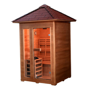 SunRay Bristow 2-person Outdoor Traditional Sauna with Window - Canadian hemlock wood - Peak roof- Glass door with 4.5 kW Electric Heater, Cask & spoon - Isometric view - HL200D2 Bristow