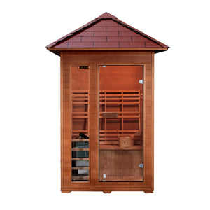 SunRay Bristow 2-person Outdoor Traditional Sauna with Window - Canadian hemlock wood - Peak roof- Glass door - with 4.5 kW Electric Heater, Cask & spoon, Front view -  HL200D2 Bristow