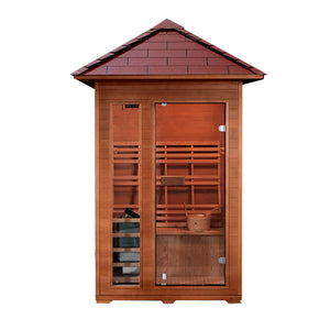 SunRay Bristow 2-person Outdoor Traditional Sauna with Window - Canadian hemlock wood - Peak roof- Glass door - with 4.5 kW Electric Heater, Cask & spoon, Front view - HL200D2 Bristow