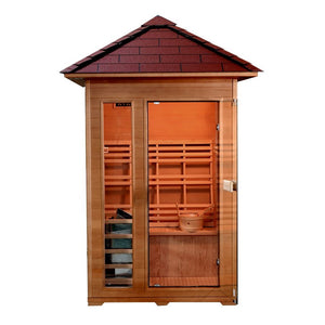 SunRay Bristow 2-person Outdoor Traditional Sauna with Window - Canadian hemlock wood - Peak roof- Glass door - with 4.5 kW Electric Heater, Cask & spoon, Front view - Lights on - HL200D2 Bristow