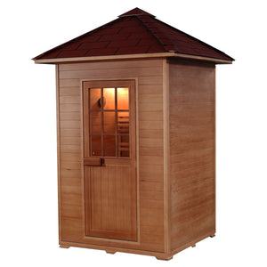 SunRay Eagle 2-Person Outdoor Traditional Sauna - Canadian hemlock wood with shingled roof- Closed door - HL200D1 Eagle - Isometric view