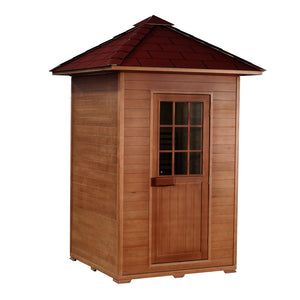 SunRay Eagle 2-Person Outdoor Traditional Sauna - Canadian hemlock wood with shingled roof- Closed door - HL200D1 Eagle - Isometric view
