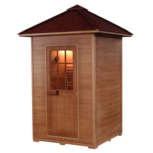 SunRay Eagle 2-Person Outdoor Traditional Sauna - Canadian hemlock wood with shingled roof- Closed door - HL200D1 Eagle - Isometric view