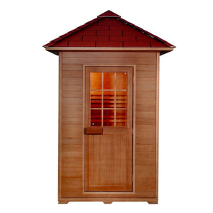 SunRay Eagle 2-Person Outdoor Traditional Sauna - Canadian hemlock wood with shingled roof- Closed door - HL200D1 Eagle - Front view