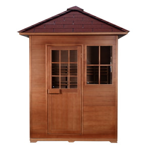 SunRay Freeport 3-Person Outdoor Traditional Sauna - Canadian hemlock wood with shingled roof, front window and glass enclosed door - HL300D1 Freeport - Close door, Front view