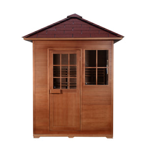 SunRay Freeport 3-Person Outdoor Traditional Sauna - Canadian hemlock wood with shingled roof, front window and glass enclosed door - HL300D1 Freeport - Close door, Front view