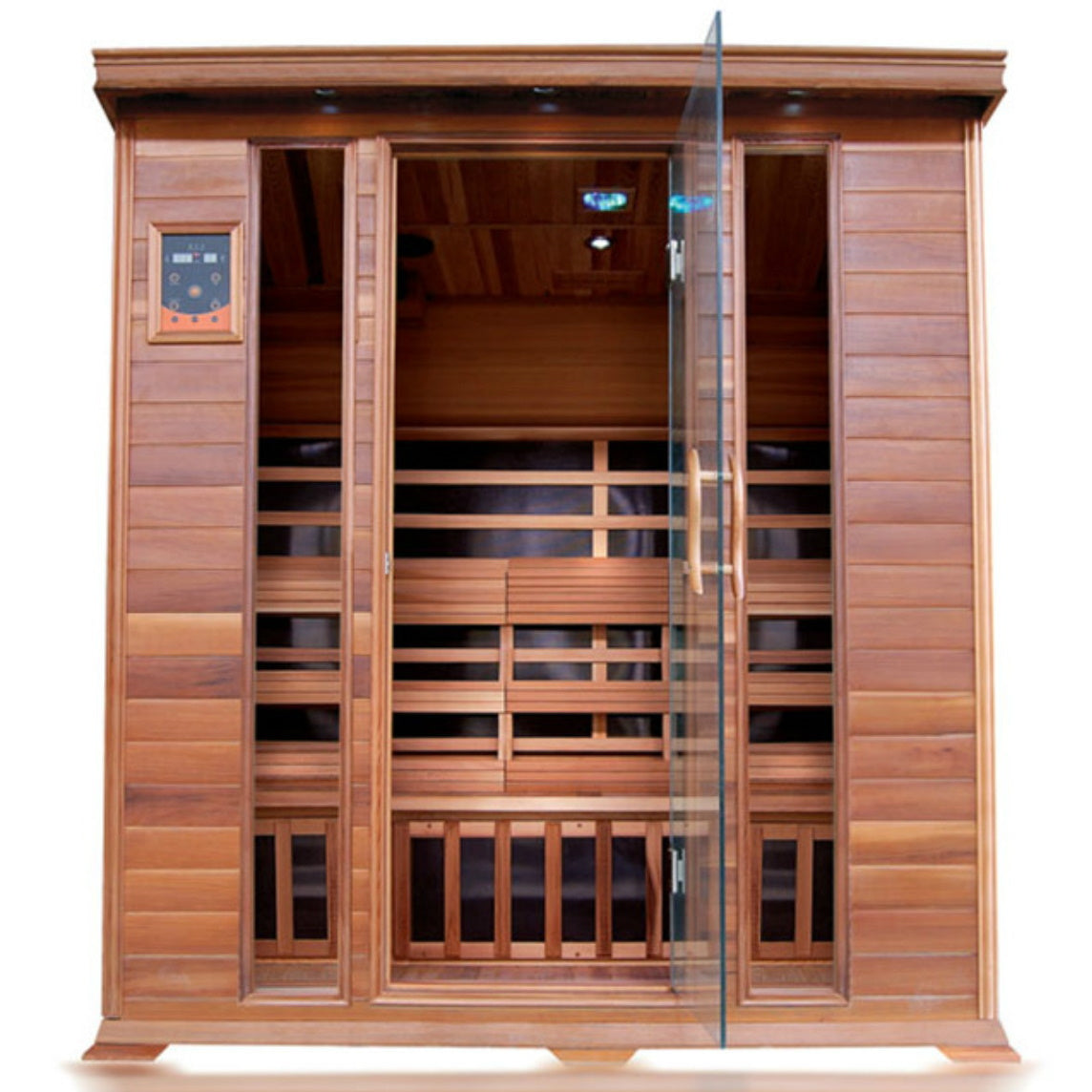 SunRay Sauna  4 Person Sequoia FAR Infrared Sauna - Natural Canadian Red Cedar with glass door, 10 infrared carbon nano heaters, Dual LED control panels, Recessed interior & exterior lighting, LED Reading Lamp - HL400K