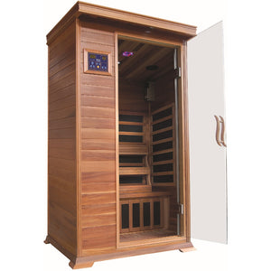 SunRay Sedona 1-2 Person Indoor Infrared Sauna - Natural Canadian red cedar wood with glass door, ergonomic backrest, chroma therapy lighting, digital keypad - HL100K