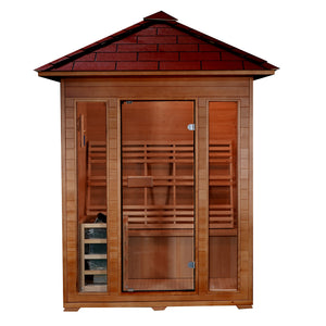 SunRay Waverly 3-Person Outdoor Traditional Sauna - Shingled roof with glass door, rear bench seat, 4.5 kW Heater with Rocks - HL300D2 Waverly - Front view