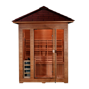 SunRay Waverly 3-Person Outdoor Traditional Sauna - Shingled roof with glass door, rear bench seat, 4.5 kW Heater with Rocks - HL300D2 Waverly - Front view
