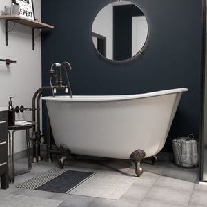 Cambridge Plumbing 58-Inch Swedish Slipper Cast Iron Clawfoot Tub (Luxurious Porcelain Enamel Interior) with Freestanding Plumbing Package - Oil Rubbed Bronze Ball and Claw Feet - SWED58-398684-PKG-NH - Vital Hydrotherapy