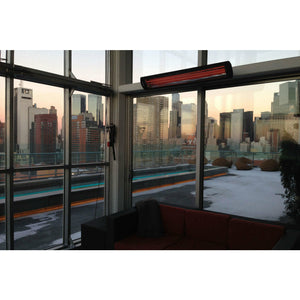 3000W Tungsten smart-heat electric patio heater in black stainless steel, black high temperature coating mounted in I-beam of a building