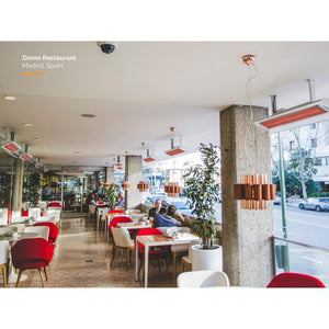 4000W Tungsten Smart-Heat Electric Patio Heater in White Stainless Steel, Black High Temperature Coating ceiling mounted in a restaurant