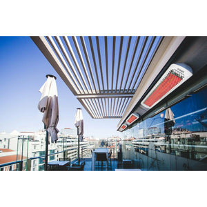 4000W Tungsten Smart-Heat Electric Patio Heater in White Stainless Steel, Black High Temperature Coating ceiling mounted outdoor close up view