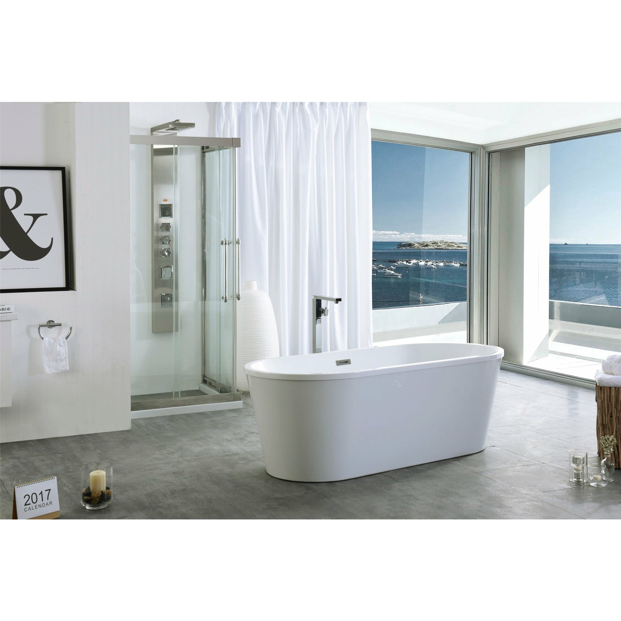 Legion Furniture 59" White Double Ended Freestanding Soaking Bathtub - Soft curves - Acrylic - With Overflow - Faucet sold separately - Lifestyle setting - Front view - WE6815-S - Vital Hydrotherapy