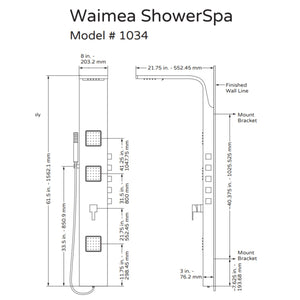PULSE ShowerSpas Matte Brushed Stainless Steel Shower Panel - Waimea ShowerSpa 1034 Specification Drawing - Vital Hydrotherapy