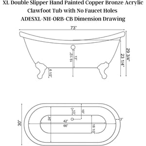 Cambridge Plumbing XL Double Slipper Hand Painted Copper Bronze Acrylic Clawfoot (Oil Rubbed Bronze) Tub with No Faucet Holes ADESXL-NH-ORB-CB - Dimension Drawing - Vital Hydrotherapy