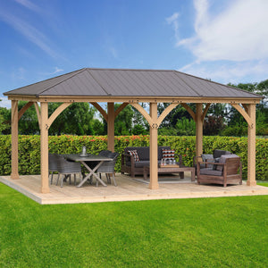 Yardistry 12 x 20 Meridian Gazebo YM11775COM - Built with 100% Premium Cedar Lumber - Pre-cut, Pre-drilled, and Pre-stained Lumber - Pre-stained Exterior Grade Cedar - Stunning Coffee Brown Aluminum Roof - Vital Hydrotherapy
