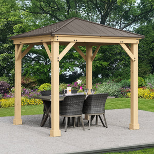 Yardistry 8 x 8 Meridian Gazebo YM11827COM - Built with 100% Premium Cedar Lumber - Pre-cut, Pre-drilled, and Pre-stained Lumber - Stunning Coffee Brown Colored Aluminum Roof - Heavy Corner Gussets - Natural Cedar Stain - Vital Hydrotherapy