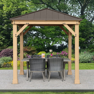 Yardistry 8 x 8 Meridian Gazebo YM11827COM - Built with 100% Premium Cedar Lumber - Pre-cut, Pre-drilled, and Pre-stained Lumber - Stunning Coffee Brown Colored Aluminum Roof - Heavy Corner Gussets - Natural Cedar Stain - Vital Hydrotherapy