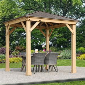 Yardistry 8 x 8 Meridian Gazebo YM11827COM - Built with 100% Premium Cedar Lumber - Pre-cut, Pre-drilled, and Pre-stained Lumber - Stunning Coffee Brown Colored Aluminum Roof - Heavy Corner Gussets - Natural Cedar Stain - Vital Hydrotherapy
