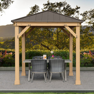 Yardistry 8 x 8 Meridian Gazebo YM11827COM - Built with 100% Premium Cedar Lumber - Pre-cut, Pre-drilled, and Pre-stained Lumber - Stunning Coffee Brown Colored Aluminum Roof - Heavy Corner Gussets - Natural Cedar Stain - Vital Hydrotherapy