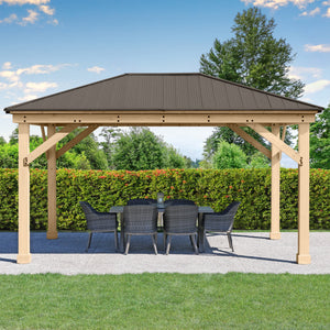 Yardistry 12 x 16 Meridian Gazebo YM11915COM - Built with 100% Premium Cedar Lumber - Pre-cut, Pre-drilled, and Pre-stained Lumber - Stunning Coffee Brown Aluminum Roof - Heavy Corner Gussets - Natural Cedar Stain - Vital Hydrotherapy