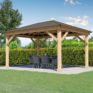 Yardistry 12 x 16 Meridian Gazebo YM11915COM - Built with 100% Premium Cedar Lumber - Pre-cut, Pre-drilled, and Pre-stained Lumber - Stunning Coffee Brown Aluminum Roof - Heavy Corner Gussets - Natural Cedar Stain - Vital Hydrotherapy