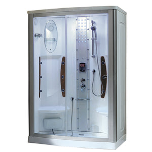 Mesa WS-803A Steam Shower slightly curved front tempered clear glass with chrome interior control panel with 3KW Steam generator, dual molded corner seats, a rainfall and handheld shower, mirror and storage shelves