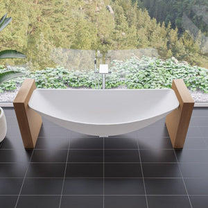 ALFI AB2875 Free Standing Floor Mounted Bath Tub Filler with flat rectangular spout, single lever handle, waterfall water flow, hand-held showerhead, shelf spout polished chrome and bathtub in a bathroom