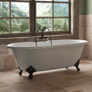 Cambridge Plumbing 66-Inch Double Ended Cast Iron Soaking Clawfoot Tub (Porcelain interior and white paint exterior) and Complete Deck Mount Plumbing Package (Oil rubbed bronze) Lifestyle - DE67-684D-PKG-7DH - Vital Hydrotherapy