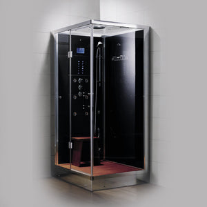 Athena steam shower without wood ceiling, heavy-duty hinged glass door and a removable wooden stool