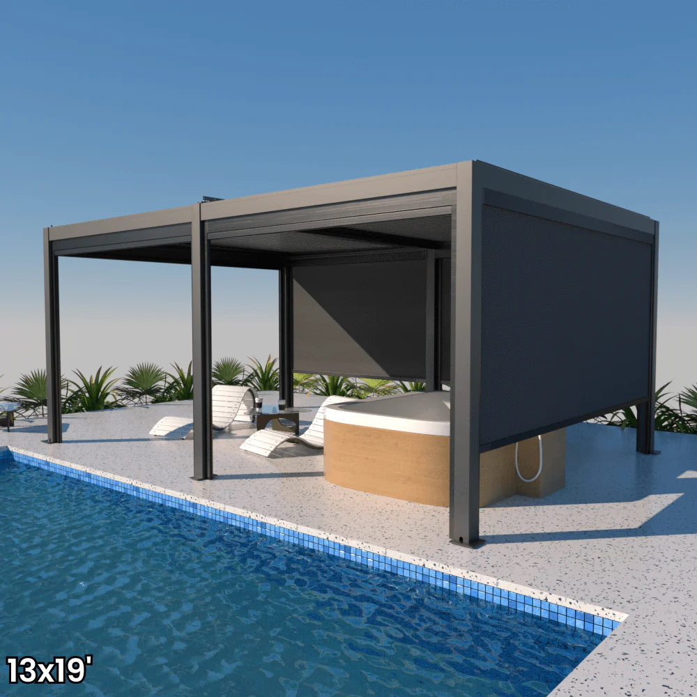 Bon Pergola Motorized Aluminum 13'x19' Villa Pergola with Wind Screen - Black - VP-DIY-6425 - Outdoor Setting - Vital Hydrotherapy