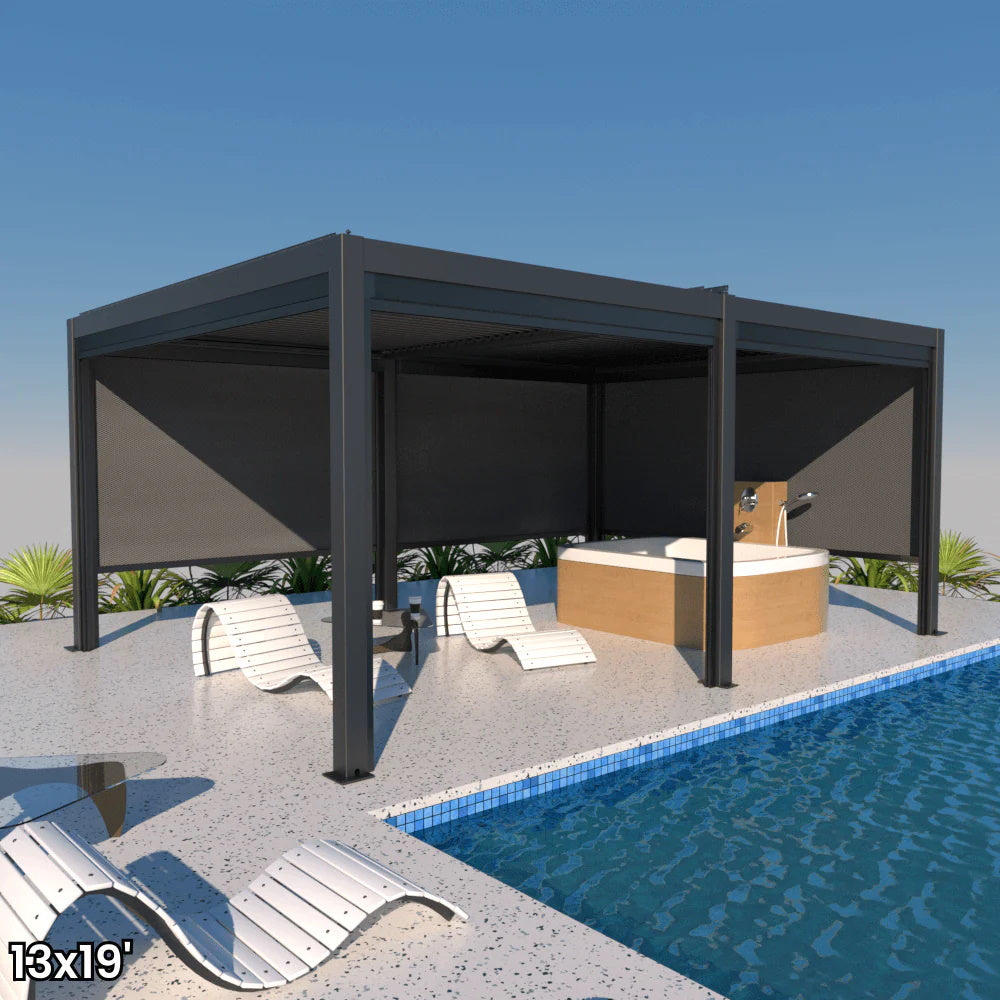 Bon Pergola Motorized Aluminum 13'x19' Villa Pergola with Wind Screen - Black - VP-DIY-6425 - Outdoor Setting - Vital Hydrotherapy