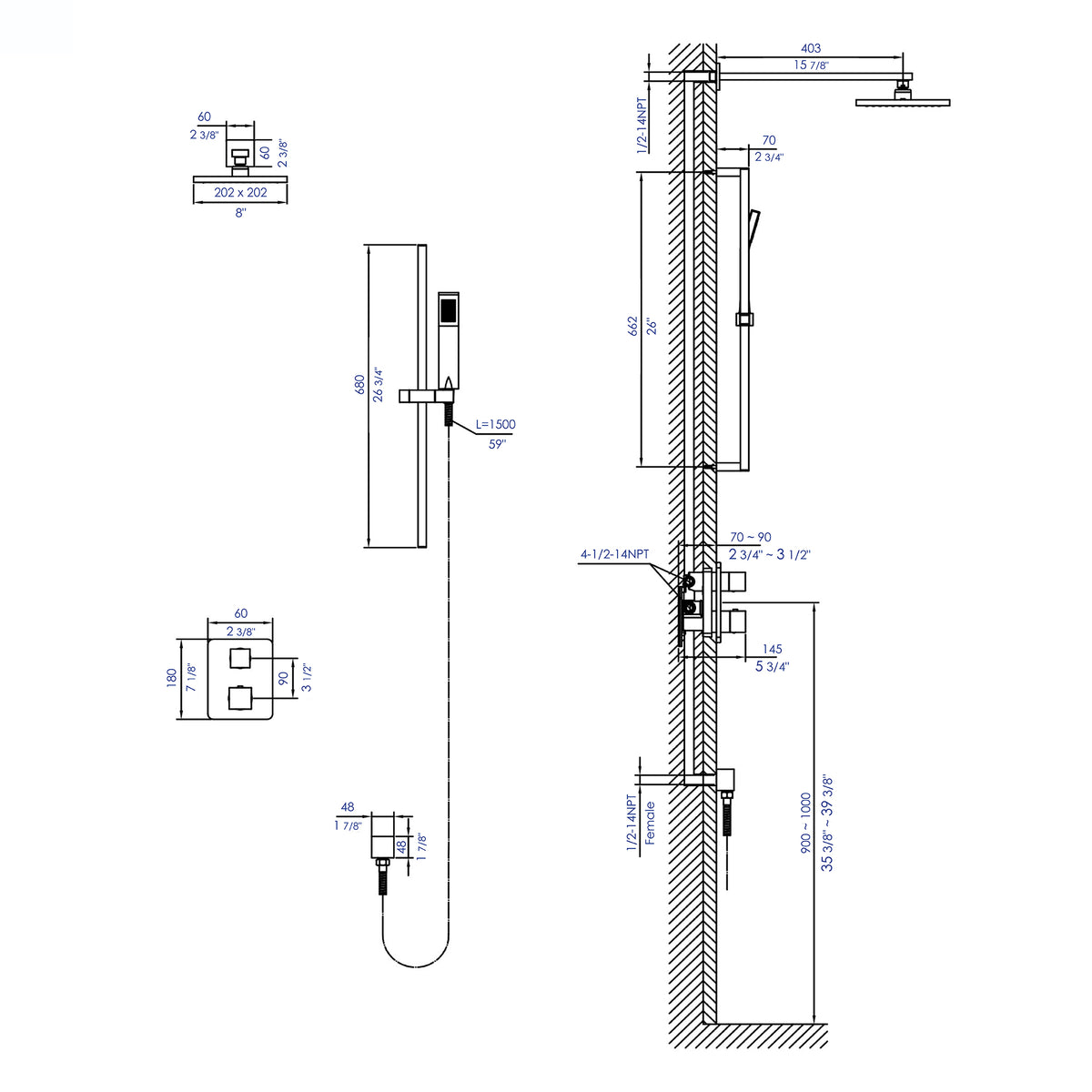 ALFI 2 Way Thermostatic Square Shower Set AB2830