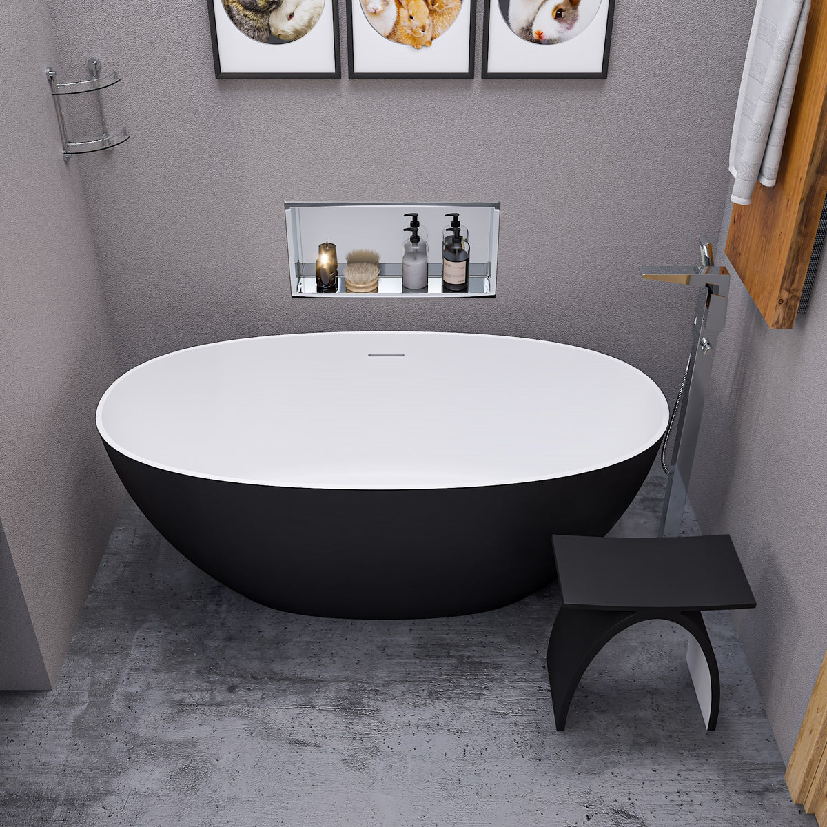 ALFI 59-Inch Oval Painted Black & White Matte Solid Surface Freestanding Resin Soaking Bathtub AB9975BM