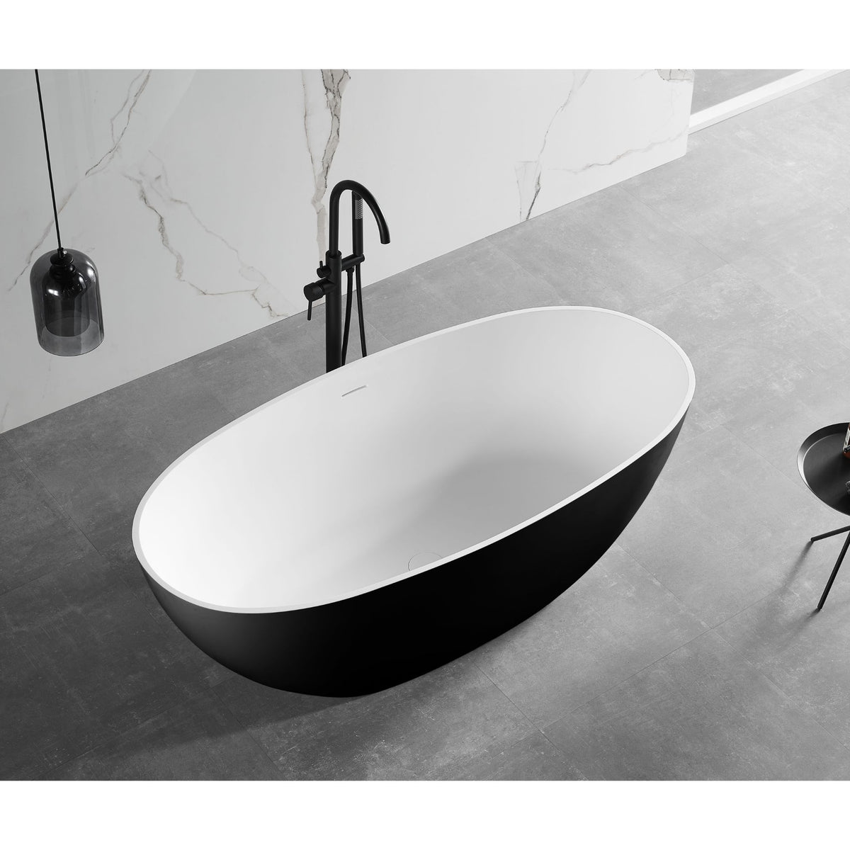 ALFI 59-Inch Oval Painted Black & White Matte Solid Surface Freestanding Resin Soaking Bathtub AB9975BM