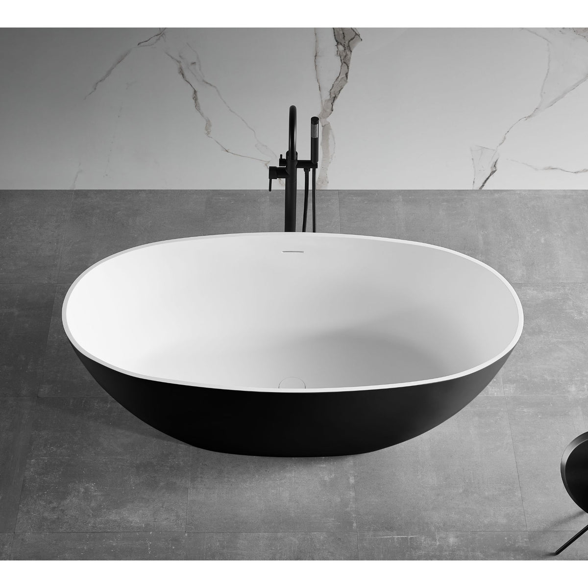 ALFI 59-Inch Oval Painted Black & White Matte Solid Surface Freestanding Resin Soaking Bathtub AB9975BM