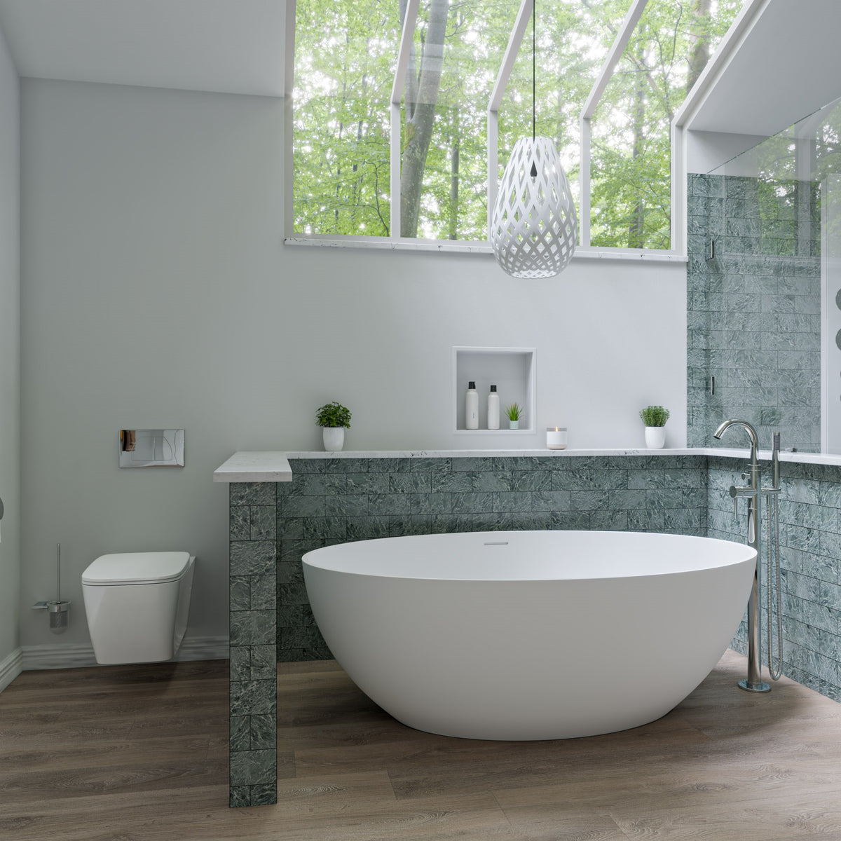 ALFI AB9941 67" White Oval Solid Surface Smooth Resin Soaking Bathtub with drain, 1 person - Bathroom Setting - Vital Hydrotherapy