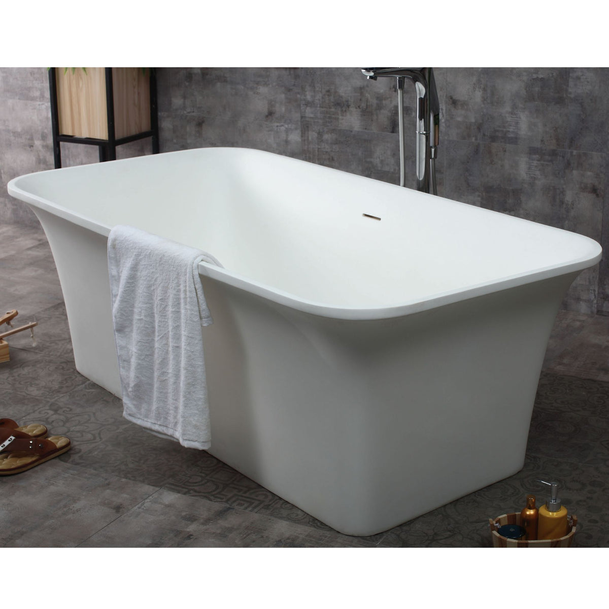 ALFI 67-Inch Rectangular White Solid Surface Freestanding Smooth Resin Soaking Bathtub AB9942