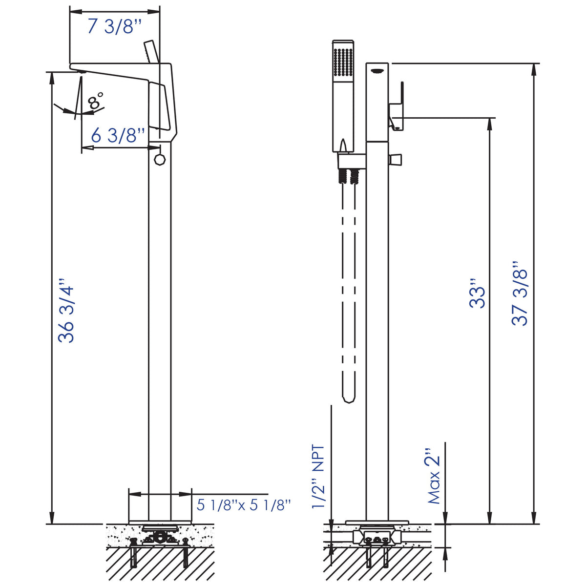 ALFI Single Hole Floor Mounted Tub Filler with Hand Held Shower Head Dimension Drawing AB2475 - Vital Hydrotherapy