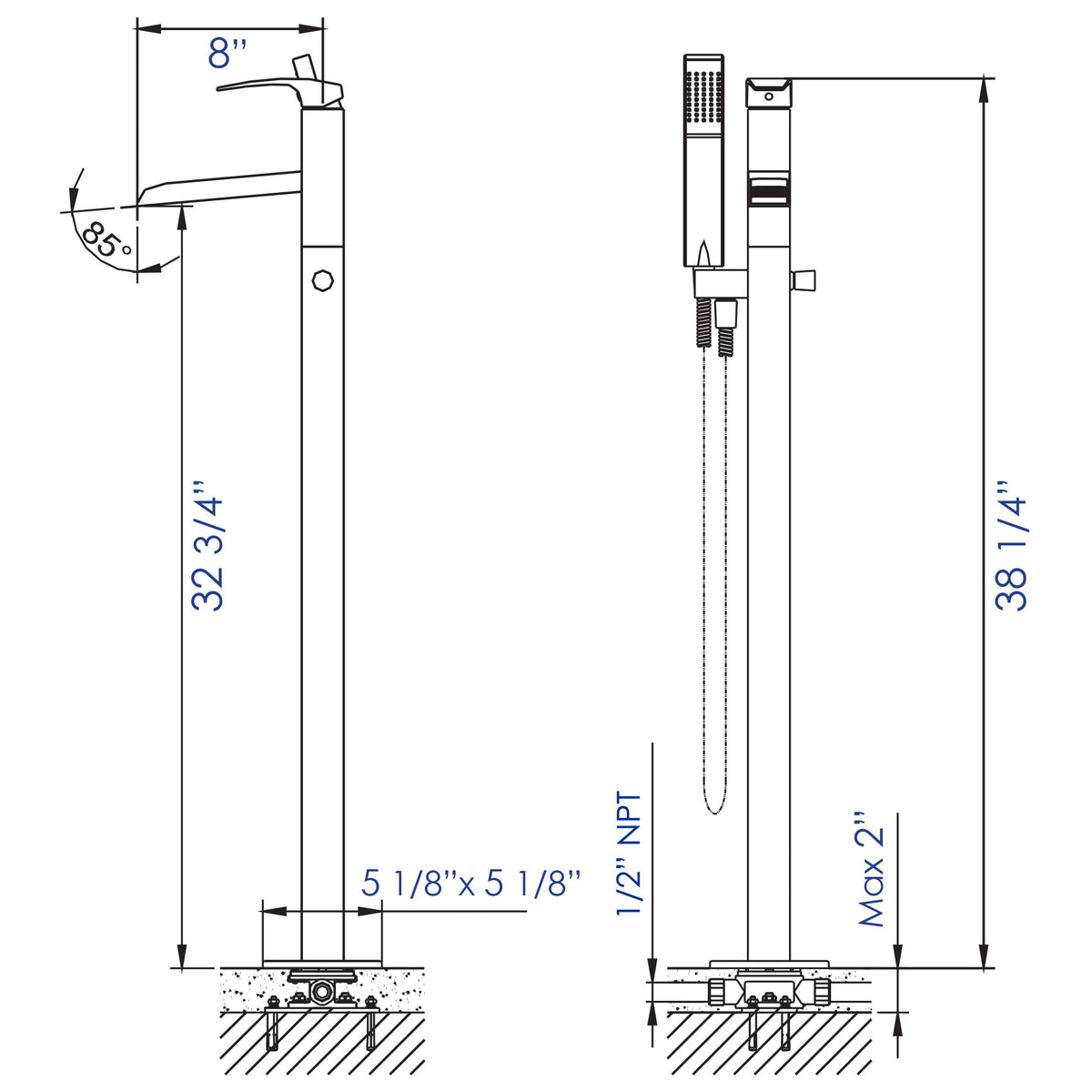 ALFI Single Hole Floor Mounted Waterfall Tub Filler AB2843
