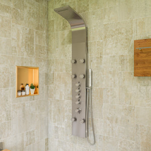 ALFI ABSP40 Stainless Steel Shower Panel with 6 Body Sprays, Overhead Rain Shower Head, Sleek Stainless Steel panel with Polished Chrome handles & knob, Flexible reinforced stainless steel hot & cold water supply hose, Handheld sprayer - Lifestyle - Vital Hydrotherapy